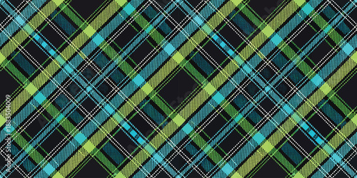 Vibrant plaid pattern featuring green, blue, and black hues for contemporary textile designs.
