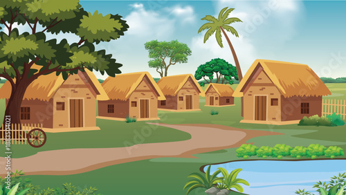 Idyllic Rural Village Scene with Thatched Huts and Pond Village Road by Amina 02 