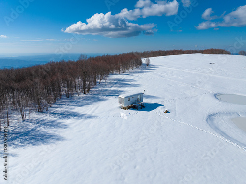 Albania Gjinar mountain Bukanik in winter isolated cabin resort tourism, on top