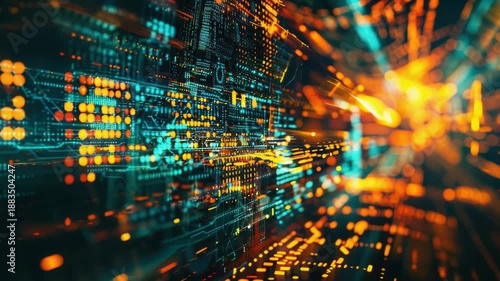 Video Urban landscape with buildings and traffic lights illuminated at nighttime