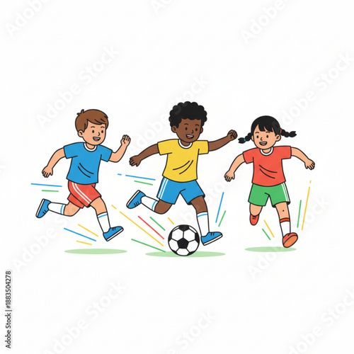 Active children playing soccer together, showing teamwork, energy, and a healthy lifestyle.