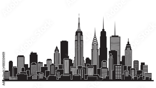 Black and white city skyline silhouette with tall skyscrapers and buildings