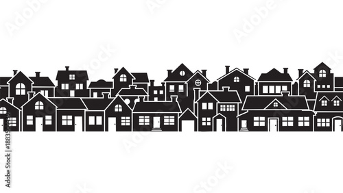 Black and white illustration of a neighborhood with various houses and buildings