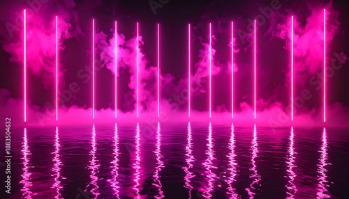 Vertical, glowing pink neon lines are reflected in a watery surface beneath billowing pink smoke against a black background