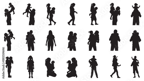 Collection of Silhouettes of People in Various Activities and Poses for Family and Social Contexts