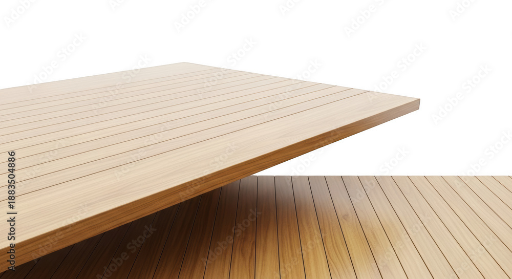 Fototapeta premium Two elevated horizontal wooden platforms with parallel lines,shiny surface and isolated background isolated on transparent background