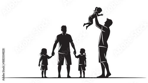 Family enjoying together outdoor silhouette with children and parents holding hands and lifting child on bright background