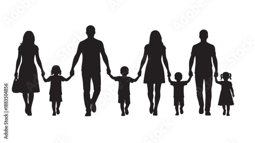 Family of six holding hands walking together in unity