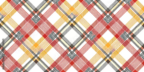 Vibrant plaid pattern featuring red, yellow, and black accents on a white background.