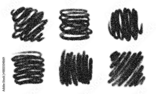Set of six black stipple textured random lines and shapes. Dot grain noise vector graphic elements for design work. Abstract grunge effect stencil template.