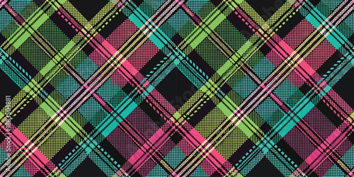 Vibrant plaid pattern featuring pink, green, and blue hues on a dark background.