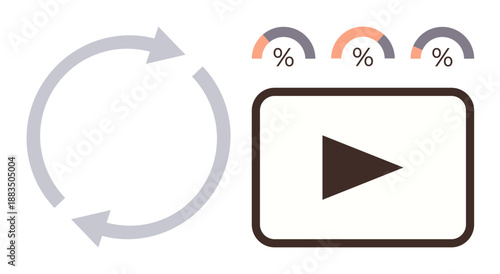 Workflow automation, data analysis, media progress, content streaming, percentage completion, efficiency. Circular arrows, percentages and play button illustration. Workflow automation and data