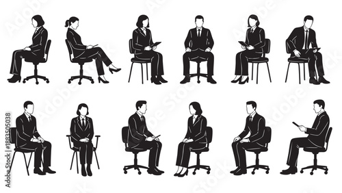Set of business professionals sitting and engaging in meetings or discussions
