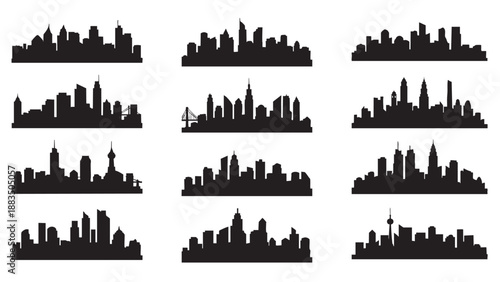 Set of nine city skyline silhouettes with diverse architectural features and varied building heights