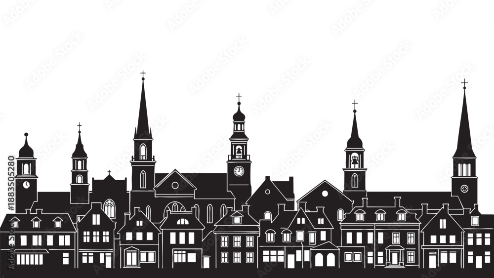 Fototapeta premium Silhouette of a Historic Cityscape Featuring Church Spires and Buildings