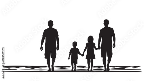 Silhouette of a family walking hand in hand on the beach under a clear sky