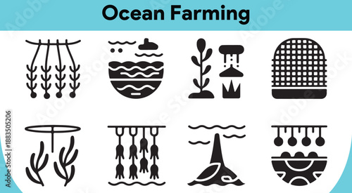A collection of essential icons illustrating various methods and concepts of ocean farming