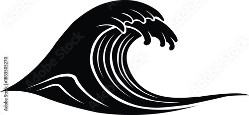 A stylized black and white illustration of a breaking ocean wave
