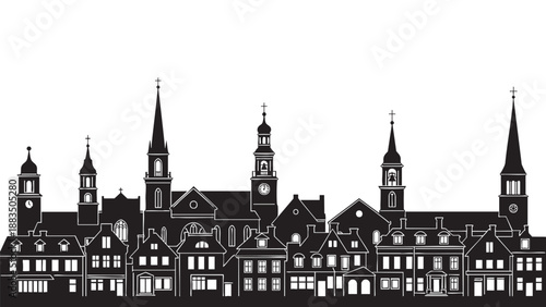 Silhouette of a Historic Cityscape Featuring Church Spires and Buildings