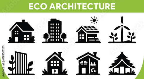 A collection of modern eco architecture and sustainable living icons displayed on a white surface