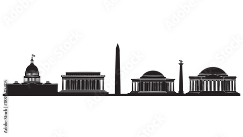 Silhouette of famous Washington DC landmarks showcasing historic government buildings and monuments