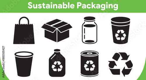 A set of black silhouette icons depicting various forms of sustainable packaging and recycling symbols