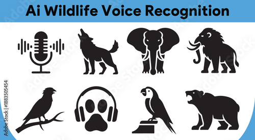 Artificial intelligence wildlife voice recognition system depicted with a microphone and various animal icons