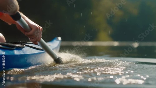 Hyper-realistic 4K Water Dynamics: Kayak paddle impact with realistic water slicing, spray, and droplets