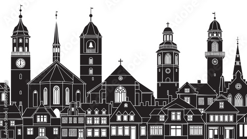 Silhouette of Historic European City with Church Towers and Buildings