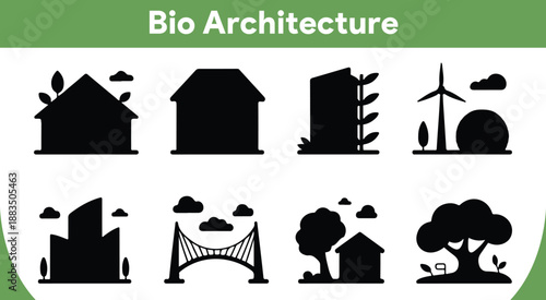 Bio architecture icon set presenting sustainable building designs and eco friendly urban development concepts