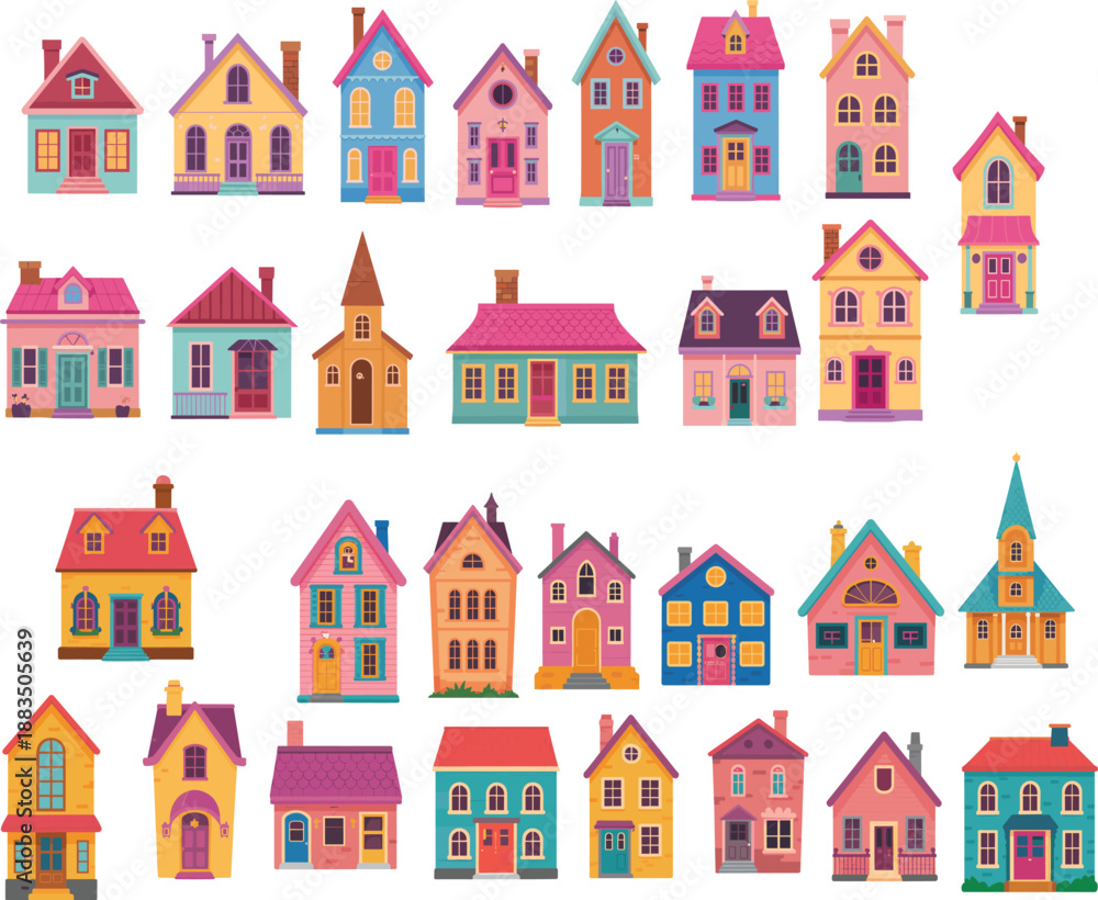 Fototapeta premium Cartoon-style colorful house collection — diverse residential building designs for architecture, urban planning, real estate, and educational or creative illustration themes.