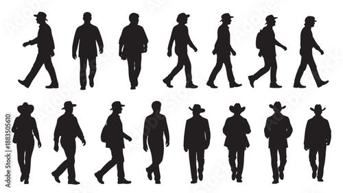 Silhouettes of Men and Women Walking in Different Directions on Transparent Background