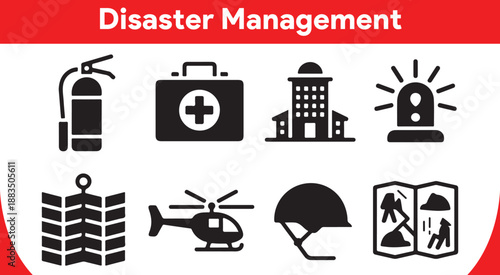 Collection of black and white icons representing essential tools and services for disaster management