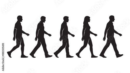 Silhouettes of People Walking in a Line on Transparent Background