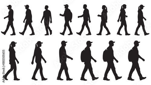 Silhouettes of People Walking in Different Directions on White Background