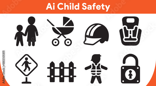 Comprehensive set of black and white icons illustrating various aspects of child safety and protection measures