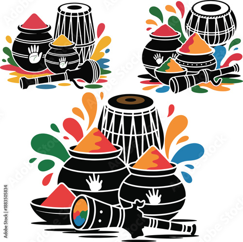 A Set of vibrant still life featuring traditional indian musical instruments and holi color powders