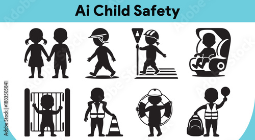 Comprehensive set of child safety icons showing various protective measures and safe environments for kids