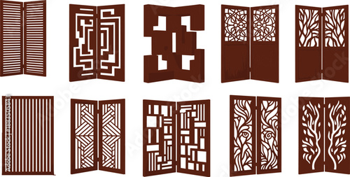 Decorative wooden room divider panel set — ten unique cut-out designs for interior privacy screens, cultural decor, and architectural inspiration.