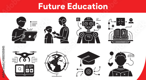 Diverse black glyph icons illustrating various concepts of future education and advanced learning methods