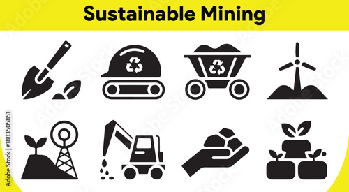 Diverse black silhouette icons depict sustainable mining practices with machinery, environmental elements and worker safety gear