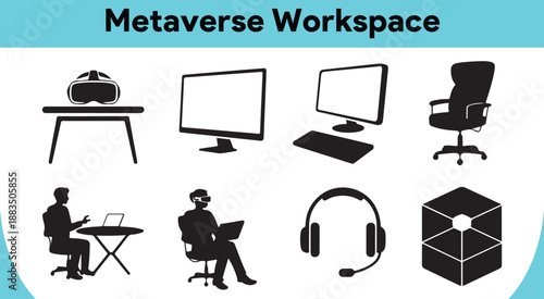 Diverse collection of metaverse and virtual reality workspace icons showing technology and people working