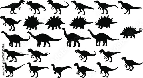 Dinosaur silhouette collection — black icons of diverse prehistoric species for educational graphics, classification activities, and paleontology-themed design.