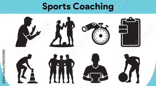 Dynamic sports coaching icons illustrating training sessions and strategic game planning