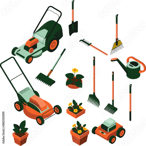 Essential gardening tools and vibrant potted plants arranged neatly for landscaping, horticulture, and backyard maintenance — perfect for spring, summer, and DIY garden projects.