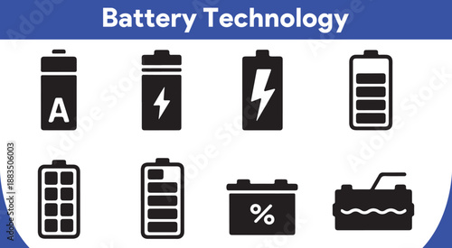 Icons representing battery technology including AA cells, charging indicators, and automotive power sources