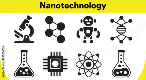 Illustrative icons depicting core concepts in nanotechnology, from microscopy to robotics and atomic structures