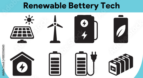 Illustrative icons depicting various sources and storage solutions for renewable battery technology
