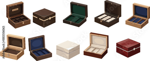 Jewelry and watch box collection — ten unique storage designs with varied compartments, materials, and finishes for retail, organization, and product display.