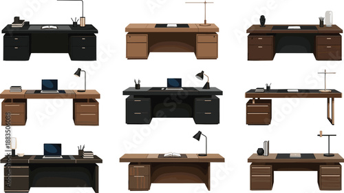 Office desk setup collection — nine workspace illustrations with laptops, lamps, books, and accessories for interior design and ergonomic planning themes.